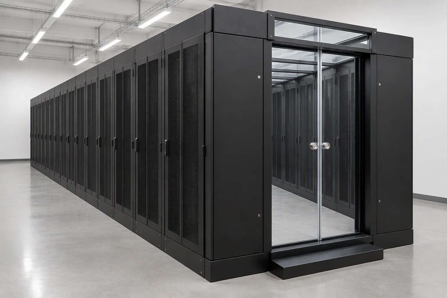 A row of racks with cold aisle containment installed: black mesh-door racks, end doors and a sealed top panel