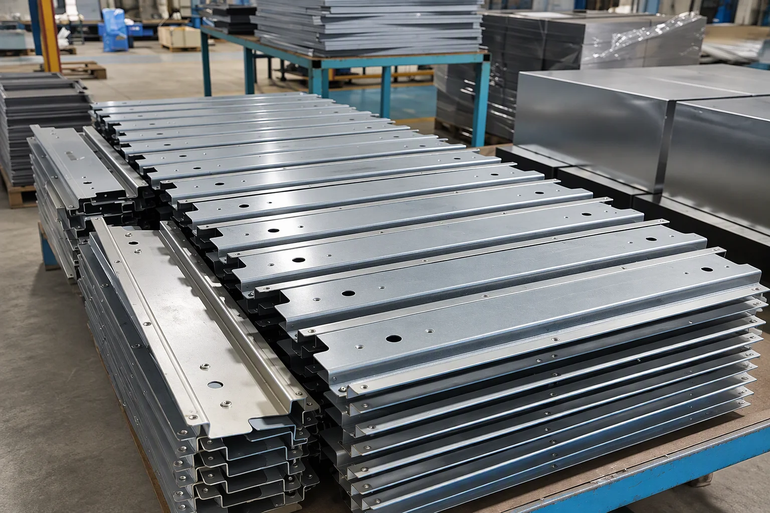 Stacks of laser-cut and bent sheet-metal parts on the floor of a fabrication shop