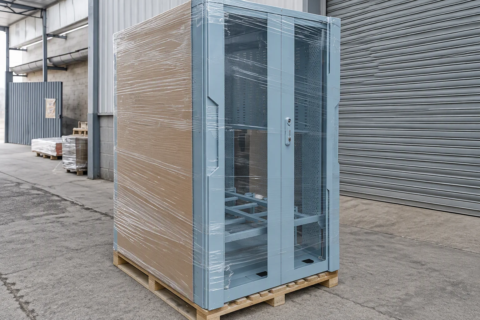 A rack wrapped in film and loaded on a pallet ready for dispatch