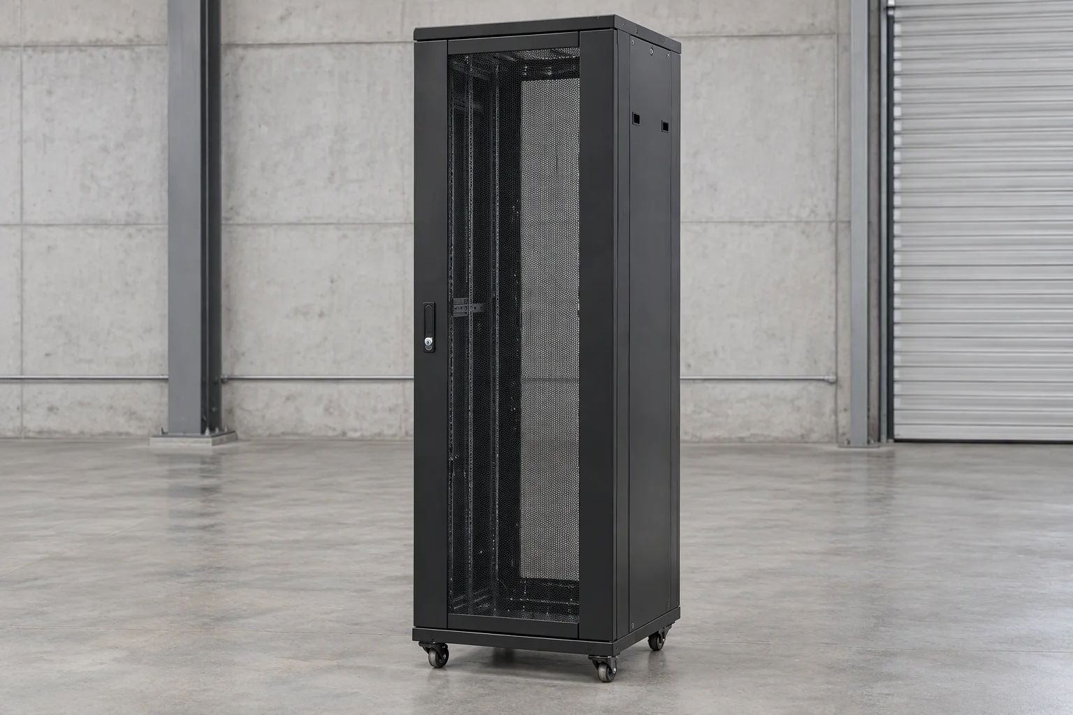 A 42U rack enclosure seen from the front and side, with a perforated front door and mounting rails visible inside
